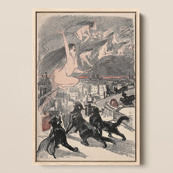 Big Black Cats Howl as Naked Witches Ascend Into the Night Over City - Théophile Steinlen Art Print / Canvas Framed Artwork Surreal Scene