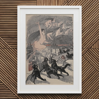 Big Black Cats Howl as Naked Witches Ascend Into the Night Over City - Théophile Steinlen Art Print / Canvas Framed Lithograph Witches City