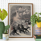 Big Black Cats Howl as Naked Witches Ascend Into the Night Over City - Théophile Steinlen Art Print / Canvas Framed Print Witches Town