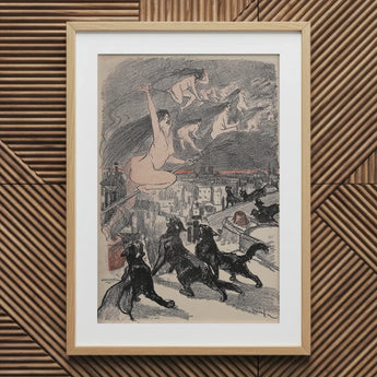 Big Black Cats Howl as Naked Witches Ascend Into the Night Over City - Théophile Steinlen Art Print / Canvas Framed Vintage Lithograph