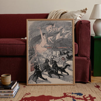 Big Black Cats Howl as Naked Witches Ascend Into the Night Over City - Théophile Steinlen Art Print / Canvas Framed Black-and-white