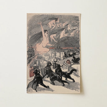 Big Black Cats Howl as Naked Witches Ascend Into the Night Over City - Théophile Steinlen Art Print / Canvas Vintage-style Lithograph