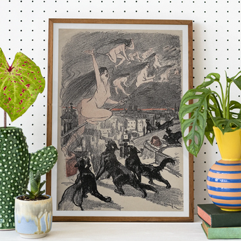 Big Black Cats Howl as Naked Witches Ascend Into the Night Over City - Théophile Steinlen Art Print, Framed Print Witches Town Black Cats
