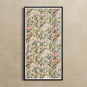 Birds Butterflies Bees and Blossoms Art Print, 10x20’’ / 25x51cm / Unframed, Framed Floral Print Colorful Flowers Green Leaves Beige