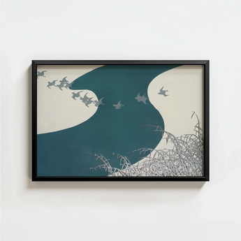 Black-framed Minimalist Art Print Stylized Birds Flight Teal Kamisaka Sekka Winter, Migration, Blade’s Silent Memory