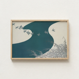 Minimalist Framed Artwork Stylized Teal River Cream-colored Terrain Kamisaka Sekka Winter, Migration Art, Blade’s Silent Memory