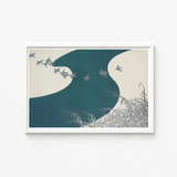 White-framed Minimalist Art Print Stylized Gray Birds Teal Kamisaka Sekka Winter, Migration, Blade’s Silent Memory