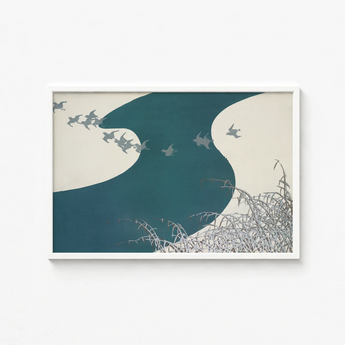 Minimalist Framed Art Print Stylized Birds Flight Teal Kamisaka Sekka Winter, Migration, Blade’s Silent Memory