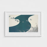 Birds - Kamisaka Sekka Winter Migration Art Print / Canvas White-framed Artwork Stylized Flight Teal Cream Abstract, Blade’s Silent Memory