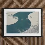 Birds - Kamisaka Sekka Winter Migration Art Print / Canvas Framed Minimalist Bird Teal Beige Tones, Blade’s Silent Memory Prints