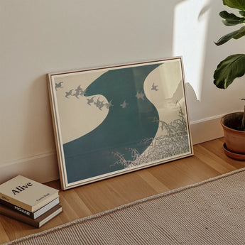 Birds - Kamisaka Sekka Winter Migration Art Print / Canvas Minimalist Framed Stylized Teal Wave Silhouetted, Blade’s Silent Memory Prints