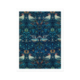 Birds - William Morris Arts and Crafts Art Print, Ornate Floral Bird Pattern Wallpaper Shades Blue Symmetrical