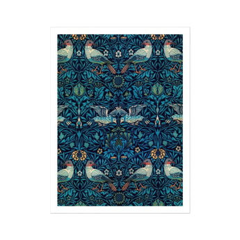 Birds - William Morris Arts and Crafts Art Print, Ornate Floral Bird Pattern Wallpaper Shades Blue Symmetrical