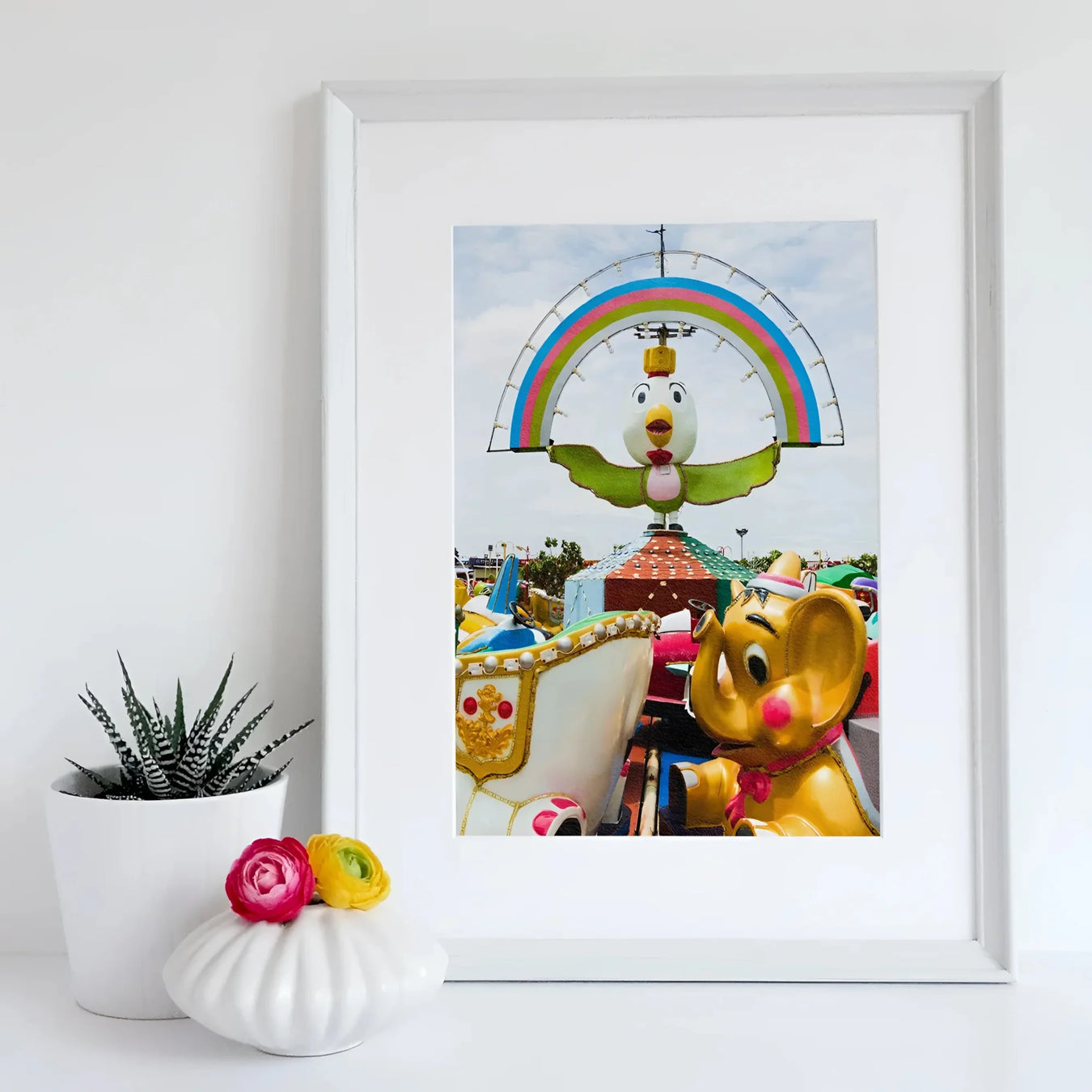 Birdsong Giclée Print, Framed Photograph Colorful Amusement Park Rides Cartoon Animal
