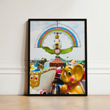 Framed Photograph Colorful Carousel Cartoon Chicken Character Rainbow Birdsong Giclée Print, Waking Dream