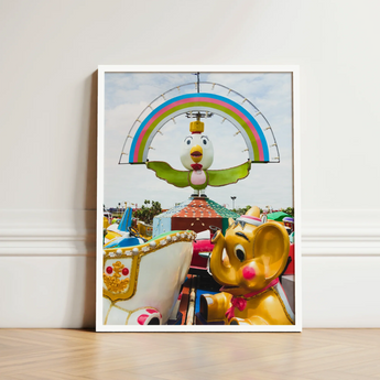 Framed Photograph Colorful Carousel Cartoon Animal Figures Yellow Birdsong Giclée Print, Waking Dream