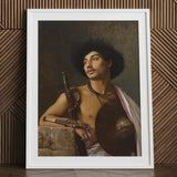 A Bischari Warrior - Jean-leon Gerome Art Print / Canvas White-framed Portrait Muscular Man Afro Sword Shield, école Des Beaux-arts,