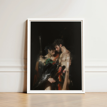 Framed Art Print Dramatic Dark-toned Painting Two Muscular Gods Embrace, Bodies, one Pale, Black Bird