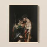 Black Bird - Greco-queer Gay Myth Art Print / Canvas Darkly Lit Classical Painting Off-white Frame Two Muscular Gods Embrace, Bodies,