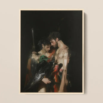 Black Bird - Greco-queer Gay Myth Art Print / Canvas Darkly Lit Classical Painting Off-white Frame Two Muscular Gods Embrace, Bodies,