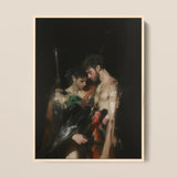 Black Bird - Greco-queer Gay Myth Art Print / Canvas Darkly Lit Classical Painting Off-white Frame Two Muscular Gods Embrace, Bodies,