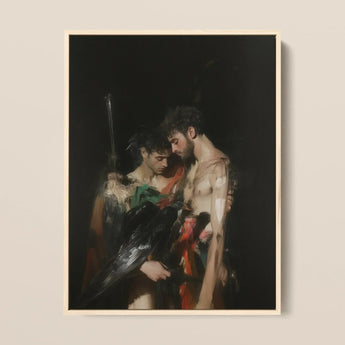 Black Bird - Greco-queer Gay Myth Art Print / Canvas Darkly Lit Classical Painting Off-white Frame Two Muscular Gods Embrace, Bodies,