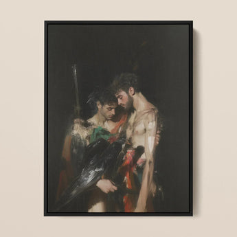 Black Bird - Greco-queer Gay Myth Art Print / Canvas Black-framed Artwork Two Muscular Men Dramatic Chiaroscuro Style Gods Embrace, Bodies,