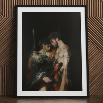 Black Bird - Greco-queer Gay Myth Art Print / Canvas Black-framed Dramatic Classical Painting Two Figures Gods Embrace, Bodies, one Pale,