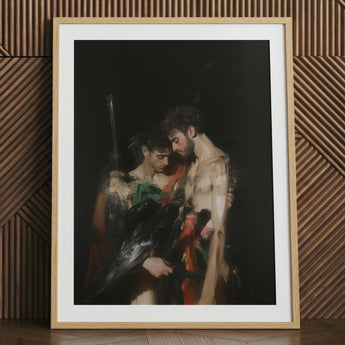 Black Bird - Greco-queer Gay Myth Art Print / Canvas Framed Art Print Dramatic Dark-toned Painting Two Figures Gods Embrace, Bodies,