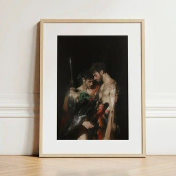 Black Bird - Greco-queer Gay Myth Art Print / Canvas Framed Dramatic Dark-toned Painting Two Figures Gods Embrace, Bodies, one Pale, Prints
