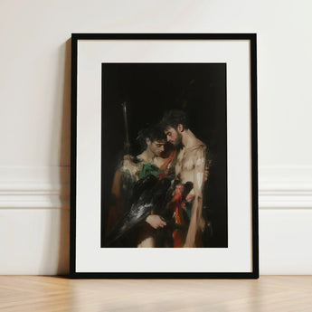 Black Bird - Greco-queer Gay Myth Art Print / Canvas Black-framed Dramatic Darkly Lit Painting Two Gods Embrace, Bodies, one Pale, Prints