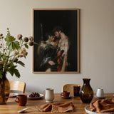Black Bird - Greco-queer Gay Myth Art Print / Canvas Framed Painting Dark Background Two Figures Classical Attire Gods Embrace, Bodies,