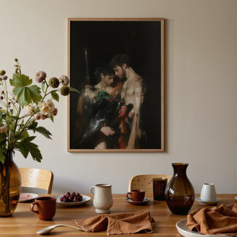 Black Bird - Greco-queer Gay Myth Art Print / Canvas Framed Painting Dark Background Two Figures Classical Attire Gods Embrace, Bodies,