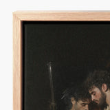 Light Wood-framed Canvas Print Classical Painting Two Men Gods Embrace, Bodies, one Pale, Black Bird