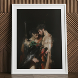 Black Bird - Greco-queer Gay Myth Art Print / Canvas White-framed Art Print Dramatic Baroque-style Painting Two Figures Gods Embrace,