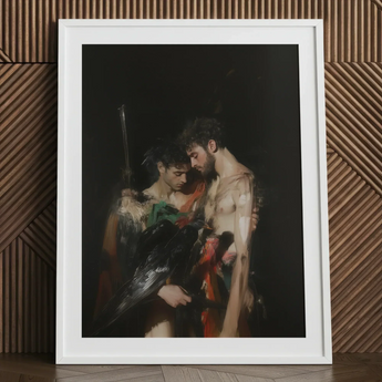 Black Bird - Greco-queer Gay Myth Art Print / Canvas White-framed Art Print Dramatic Baroque-style Painting Two Figures Gods Embrace,