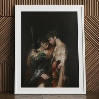 Black Bird - Greco-queer Gay Myth Art Print / Canvas White-framed Dramatic Baroque-style Painting Two Figures Gods Embrace, Bodies,