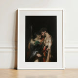 Black Bird - Greco-queer Gay Myth Art Print / Canvas White-framed Dramatic Dark-toned Painting Two Figures Gods Embrace, Bodies, one Pale,