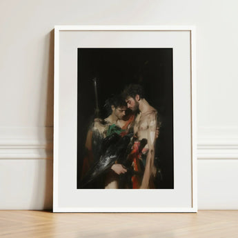 Black Bird - Greco-queer Gay Myth Art Print / Canvas White-framed Dramatic Dark-toned Painting Two Figures Gods Embrace, Bodies, one Pale,