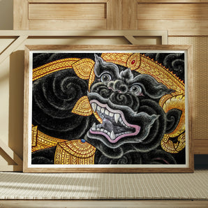 Black Monkey Magic - Traditional Thai Myth Art Print, 24x18’’ / 61x46cm / Unframed, Traditional Thai Demon Mask Artwork Black Clouds Golden