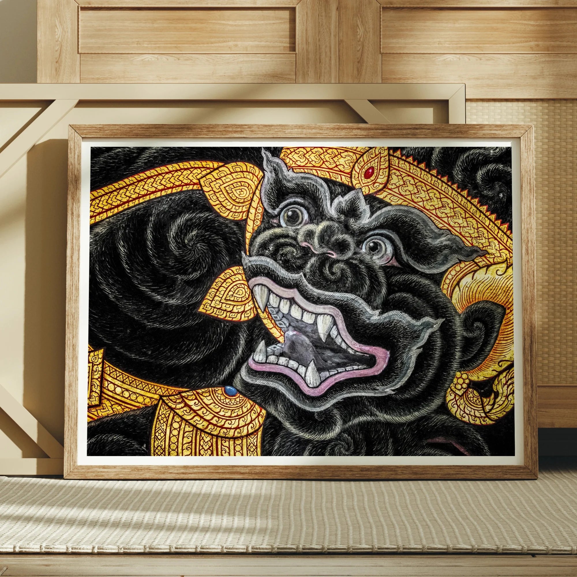 Black Monkey Magic Traditional Thai Myth Art Print, 24x18’’ / 61x46cm / Unframed, Traditional Thai Demon Mask Artwork Black Clouds Golden
