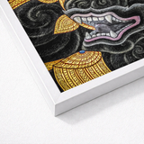 Framed Artwork Black Intricately Detailed Mythical Creature Ornate Ferocious Simian Deity, Traditional Thai Myth, Ramakien Epics