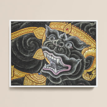 Black Monkey Magic - Traditional Thai Myth Art Print / Canvas Black Gold Ornate Balinese Guardian Lion Head Artwork Ferocious Simian Deity,