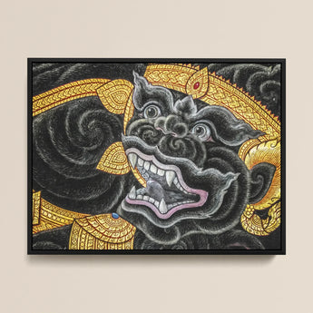 Black Monkey Magic - Traditional Thai Myth Art Print / Canvas Gold Ornate Balinese Guardian Lion Painting Sleek Ferocious Simian Deity,