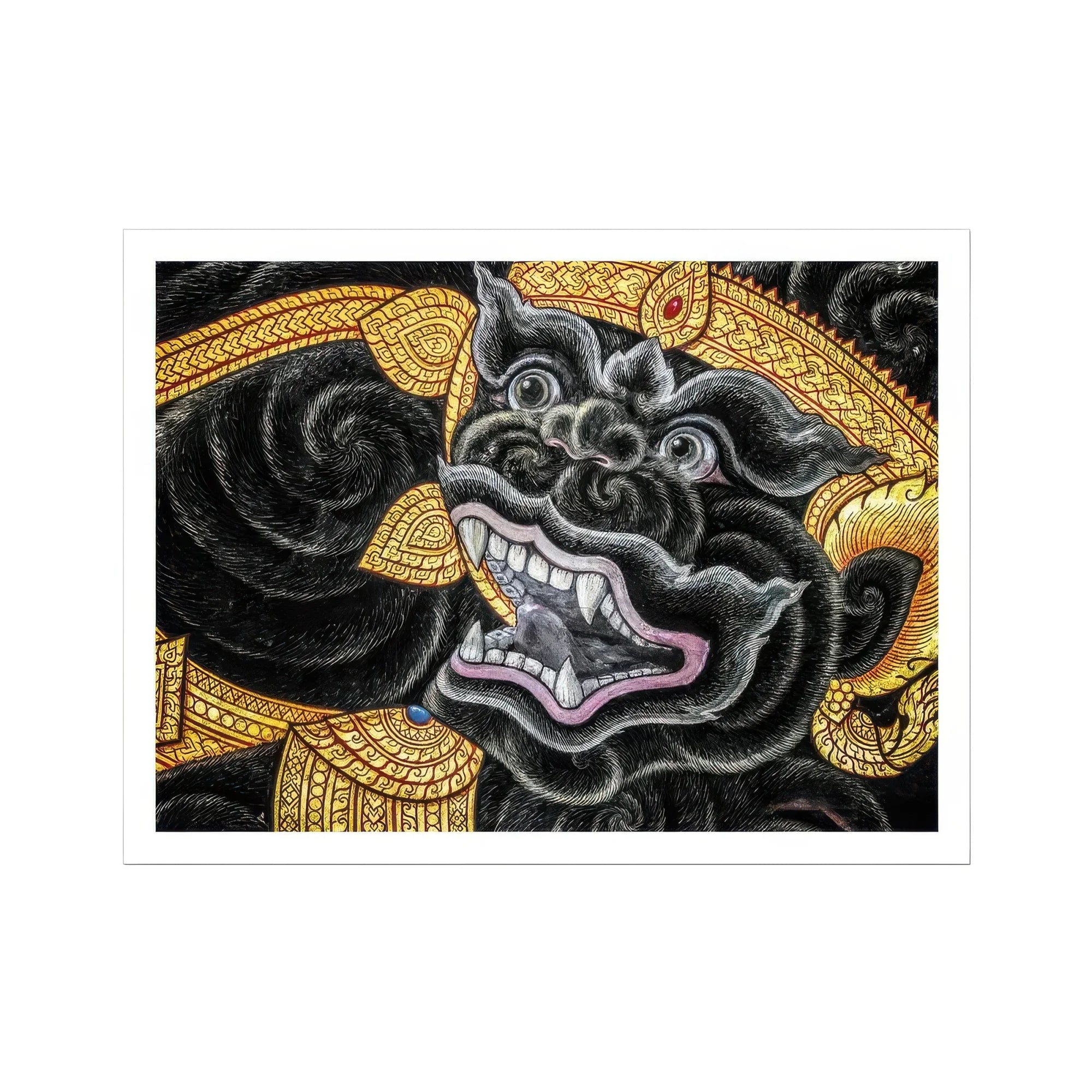 Black Monkey Magic - Traditional Thai Myth Art Print, Fierce Demon Mask Fangs Dark Patterns Surrounded Golden