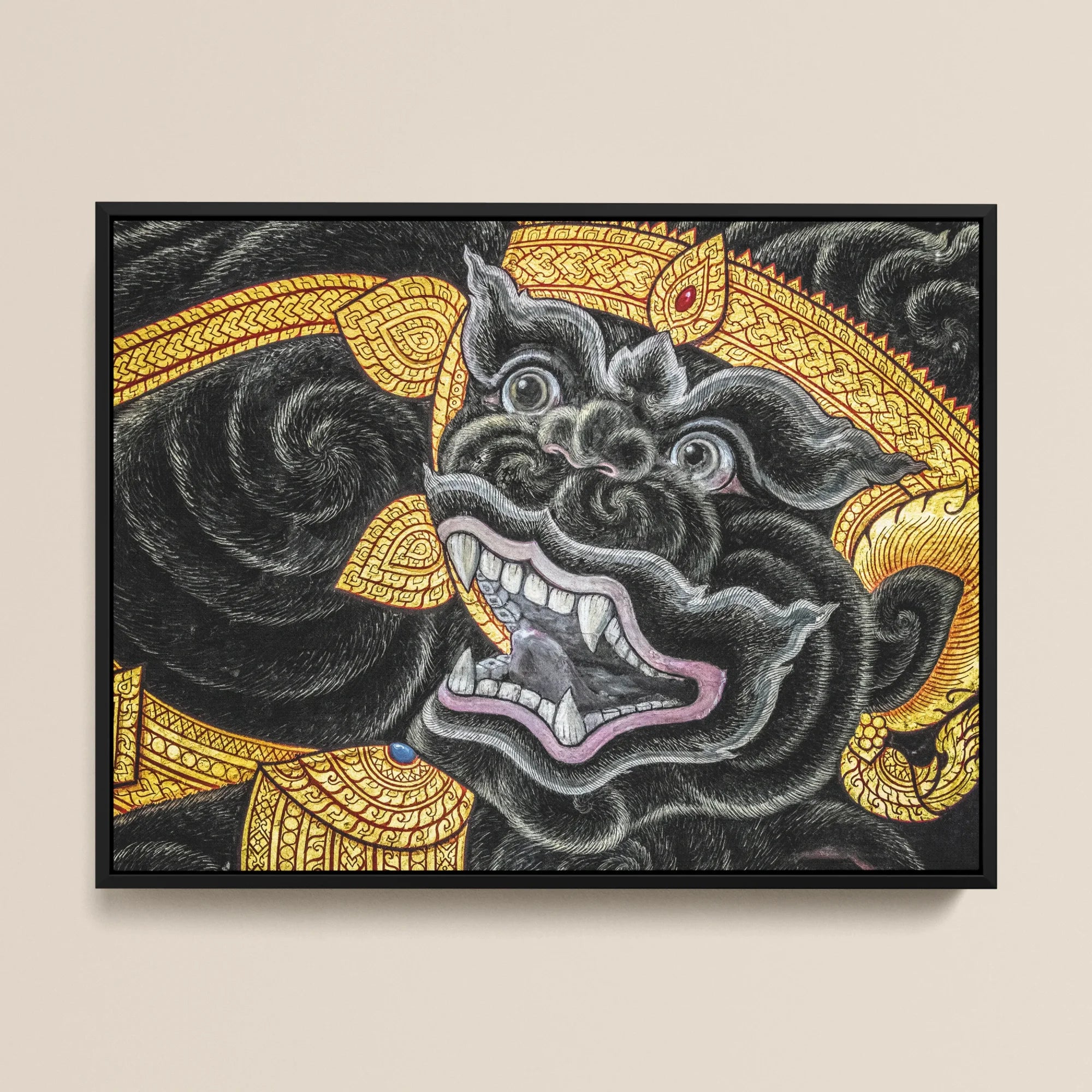 Black Monkey Magic Traditional Thai Myth Framed Canvas, Stylized Demonic Face Gray Features Surrounded Ornate Golden