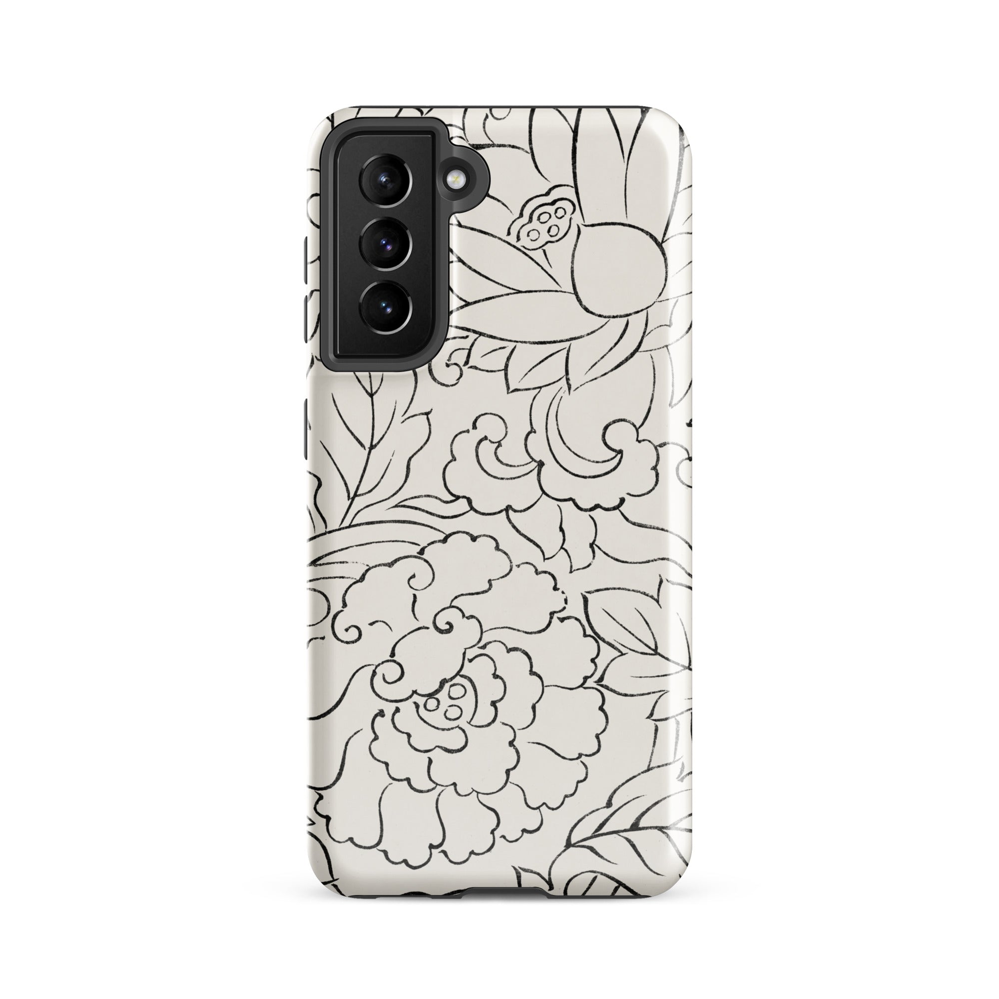 Black & White Florals - Taguchi Tomoki Samsung Case, Galaxy S21 Fe / Gloss, White Smartphone Case Black Floral Cloud Pattern