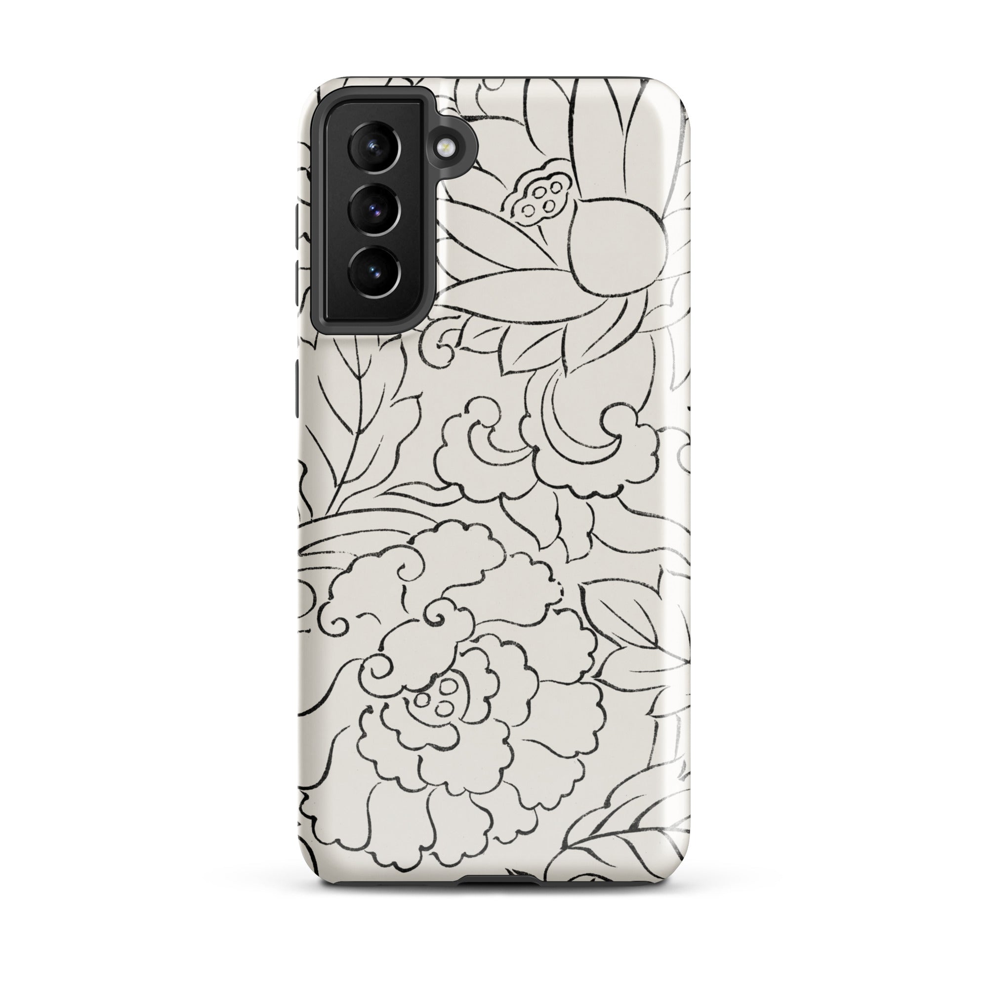 Black & White Florals - Taguchi Tomoki Samsung Case, Galaxy S21 Plus / Gloss, White Phone Case Black Floral Pattern
