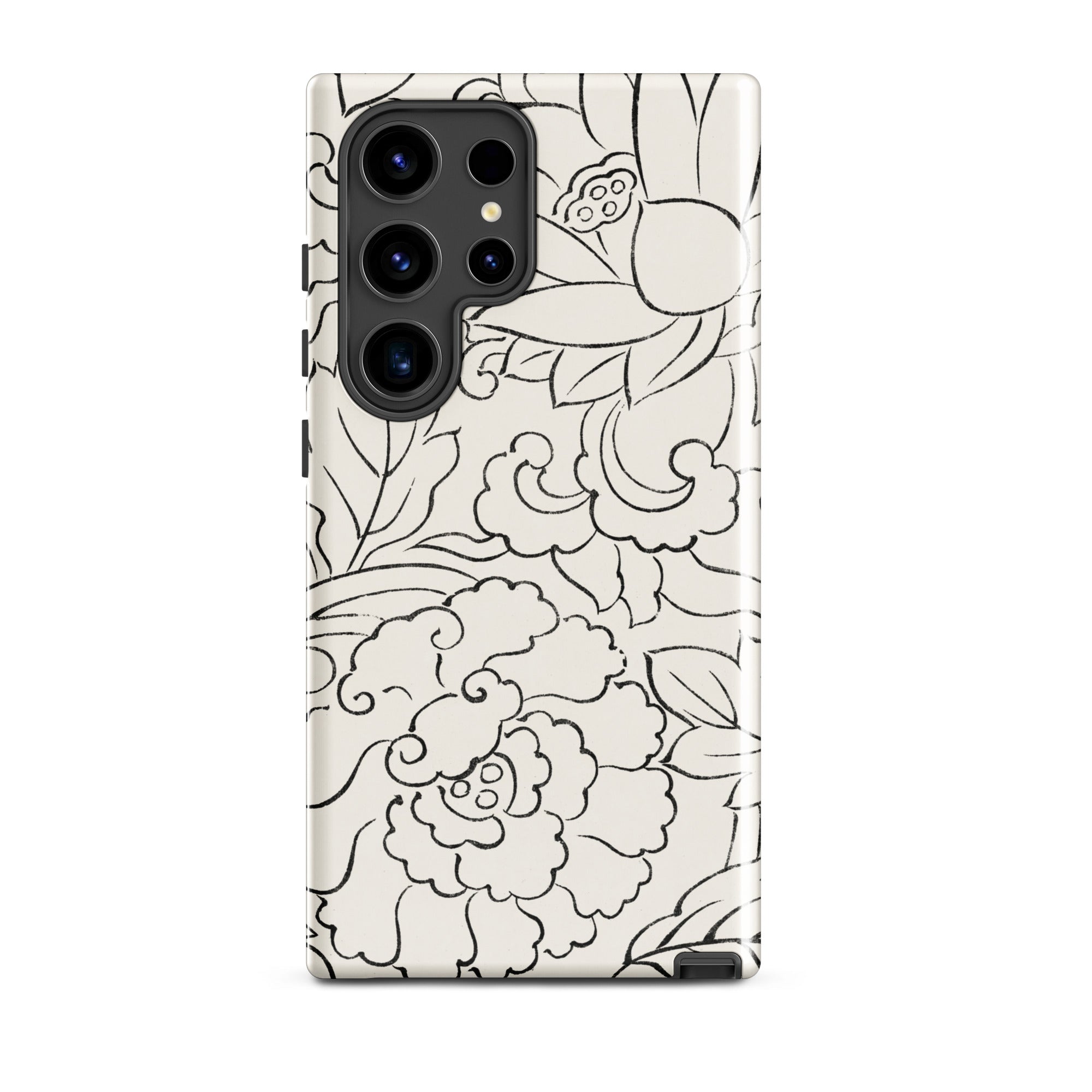 Black & White Florals - Taguchi Tomoki Samsung Case, Galaxy S24 Ultra / Gloss, White Phone Case Black Floral Leaf Pattern