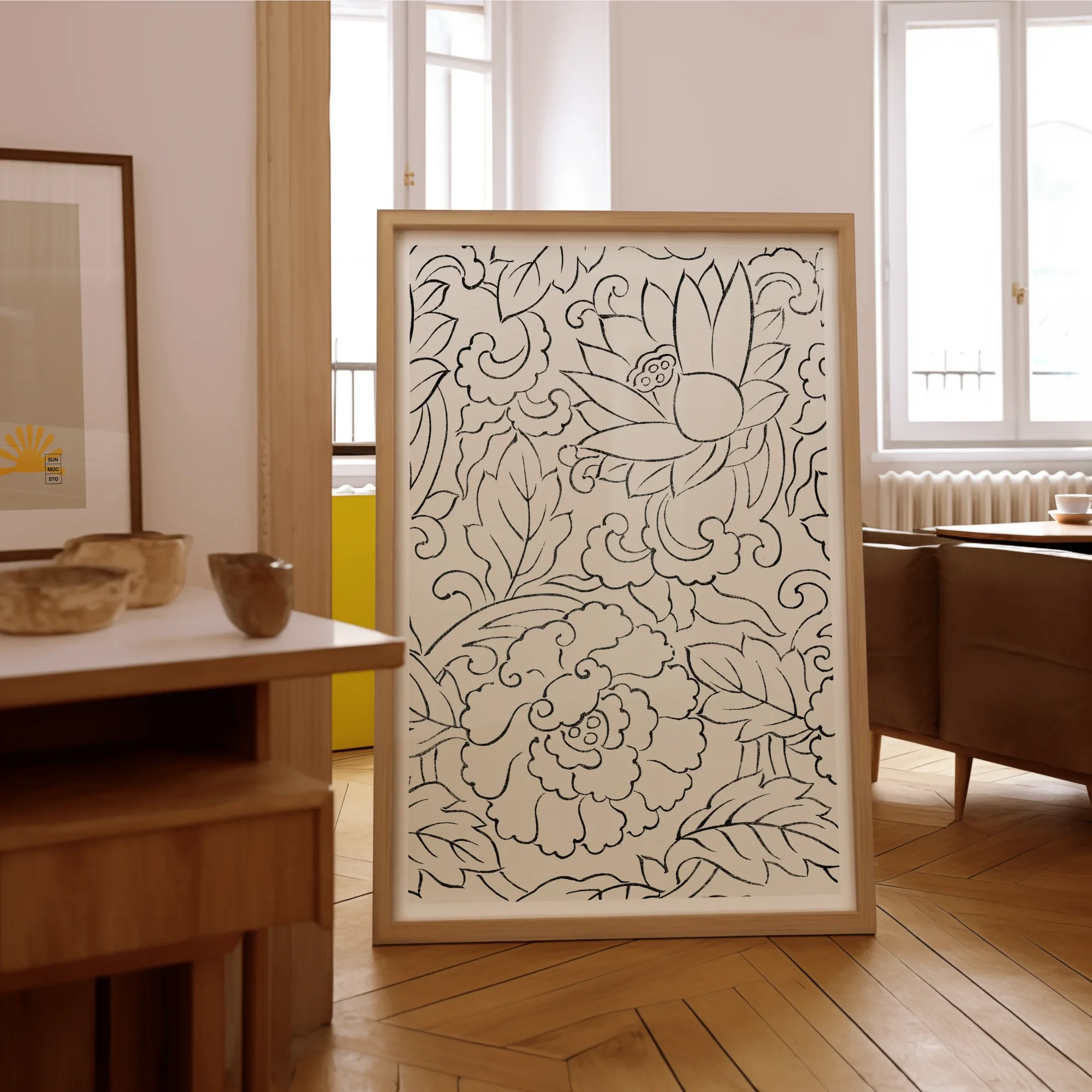 Black & White Florals - Taguchi Tomoki Woodblock Print, 40x60’’ / 101x152cm / Unframed Art, Framed Black White Line Floral Leaf Patterns